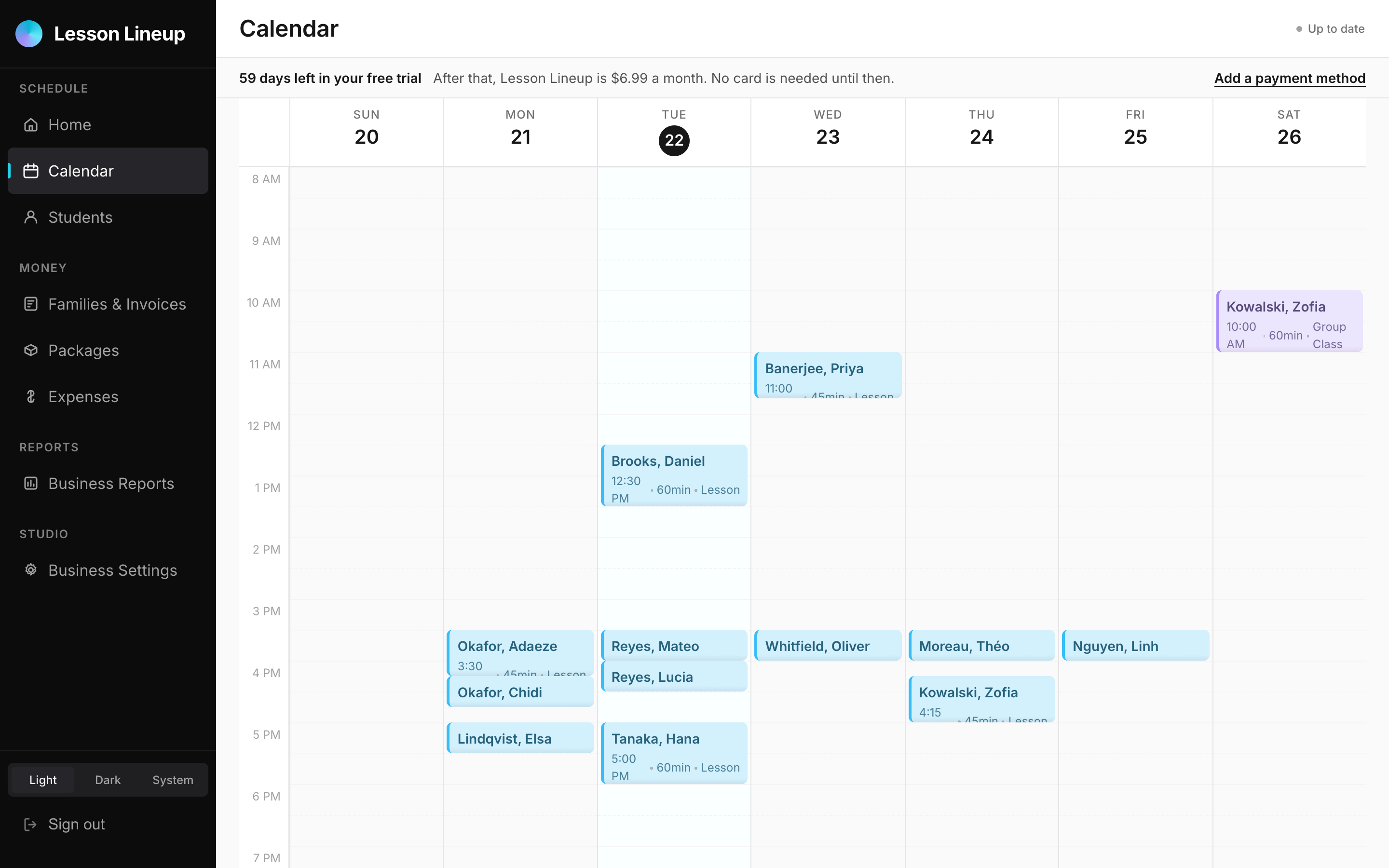 Lesson Lineup's calendar in week view, Sunday 20 to Saturday 26 September: one weekly lesson per student from Monday to Friday, two adults in the daytime and the children after school, and a Saturday-morning group class in a different colour.