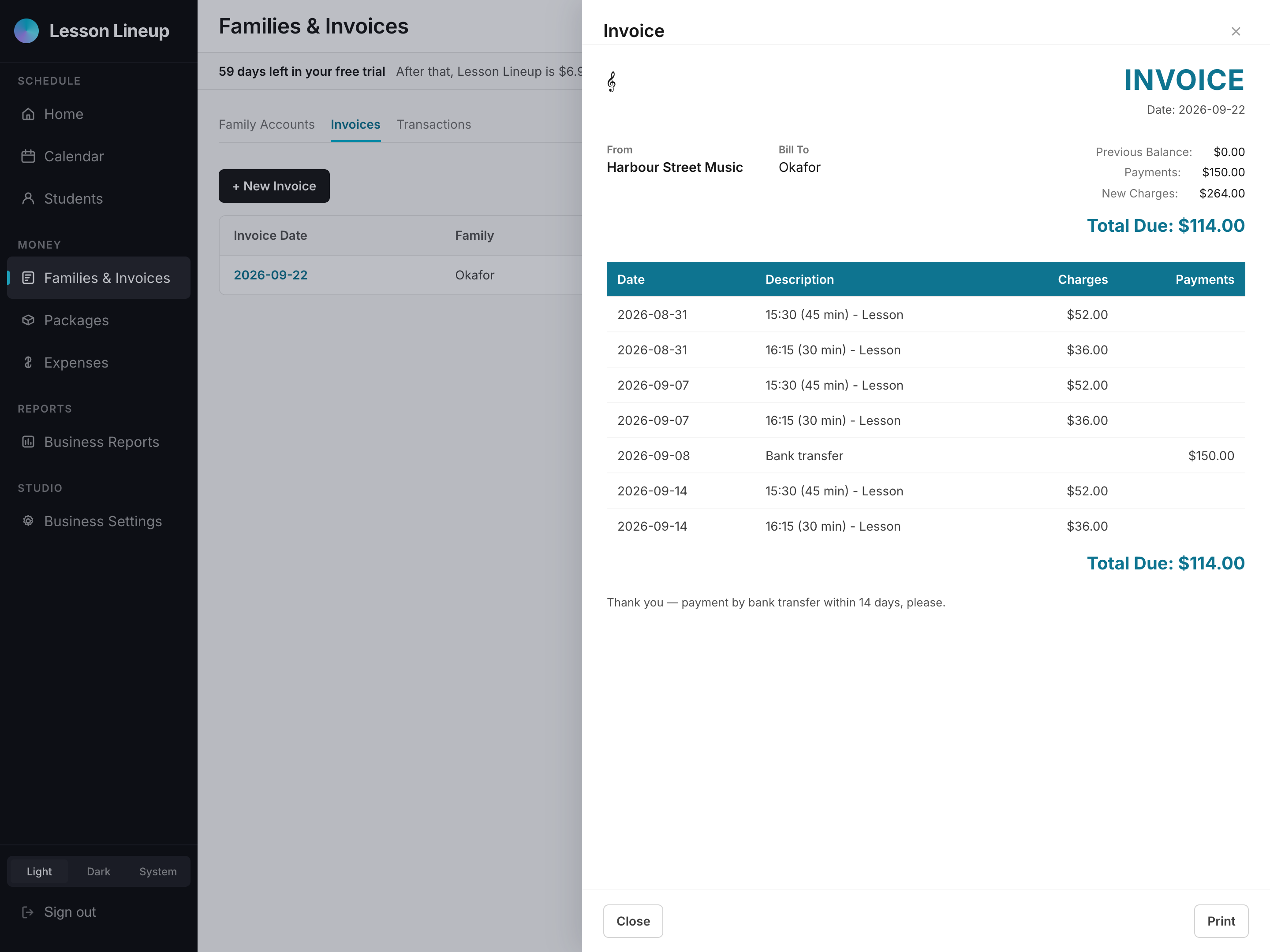 An invoice raised for one family: six lesson charges and a bank-transfer payment listed by date, then Previous balance $0.00, Payments $150.00, New charges $264.00, Total due $114.00.